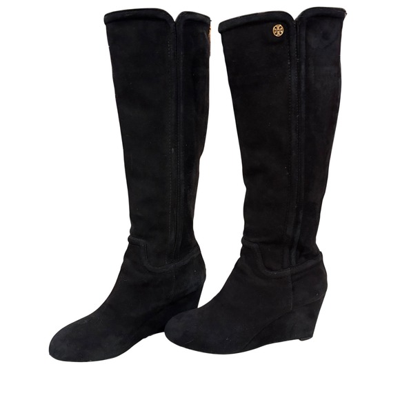 Tory Burch Shoes - Tory Burch Black Suede Gold Accents Wedge Knee High Boots Women's Size 5